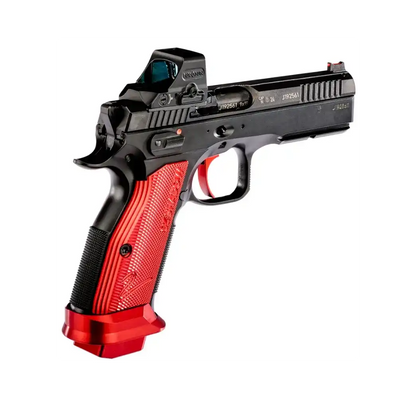 Schrägansicht der CZ Shadow 2 HS 508T Combo Red Sportpistole mit montiertem Holosun Rotpunktvisier und roten Aluminium-Griffschalen.