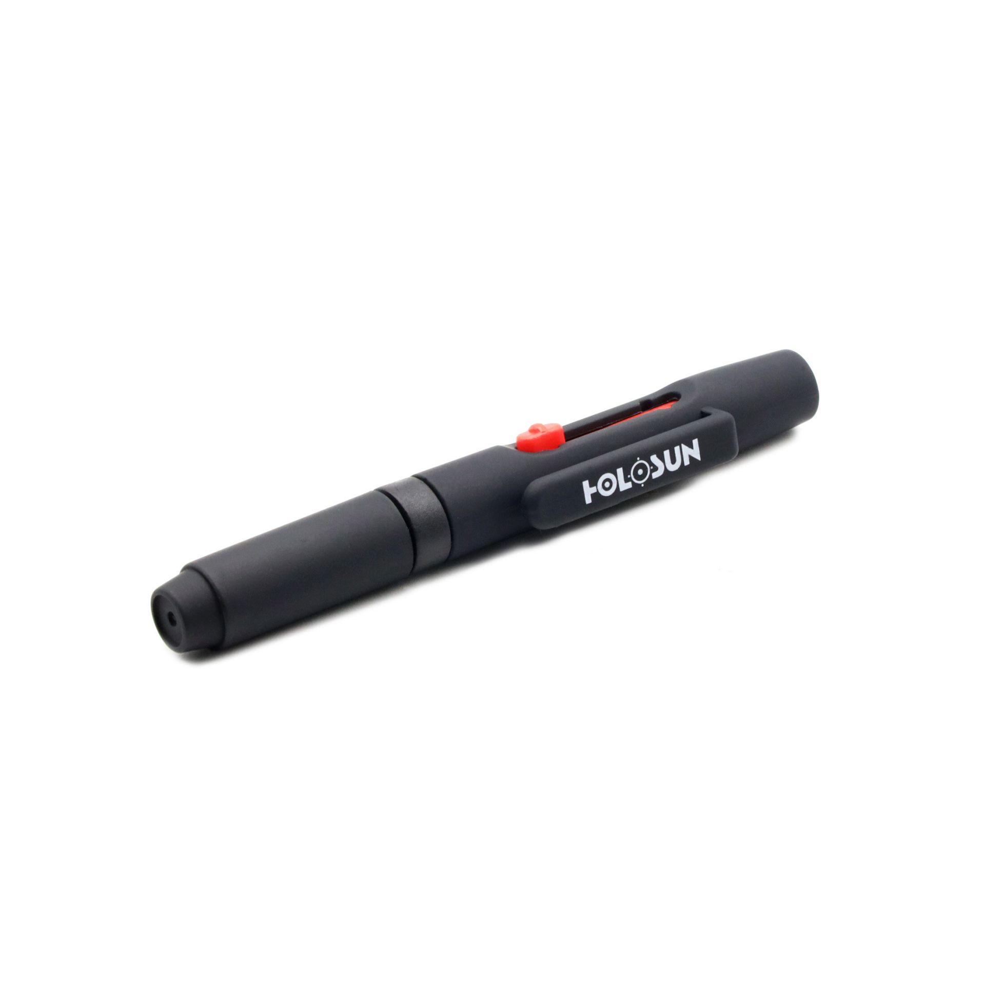 Holosun HS-LENS-CLEANING-PEN: geschlossener Stift mit aufgesetzter Kappe und rotem Schieber