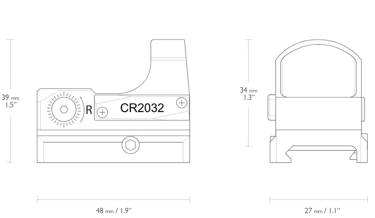 Hawke Micro Reflex Dot 3 MOA Weaver / Docter: Maßzeichnung mit Abmessungen in Millimetern