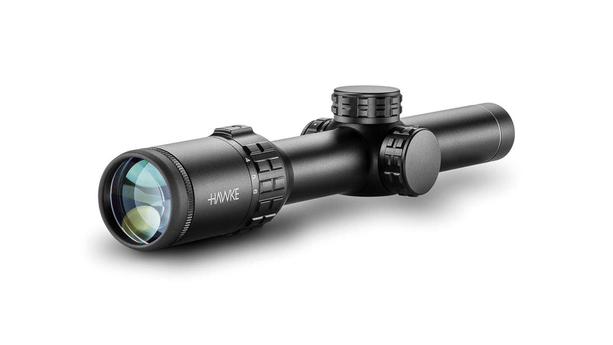 Hawke Frontier 30 1-6x24 Circle Dot: Ansicht der Okularseite mit Zoomring und Vergrößerungszahlen