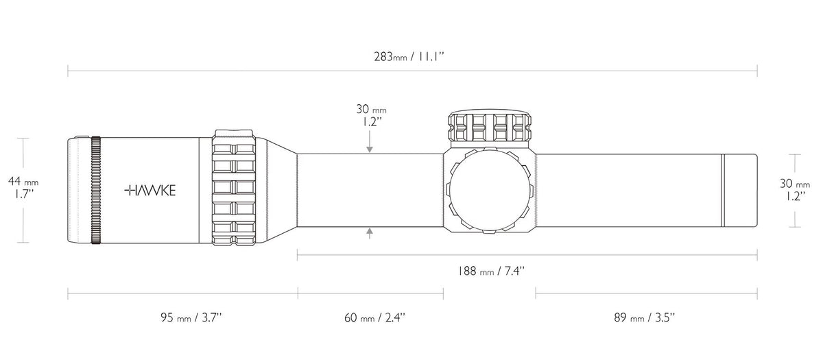 Hawke Frontier 30 1-6x24 Circle Dot: technische Zeichnung mit Abmessungen, Baulänge 283 mm