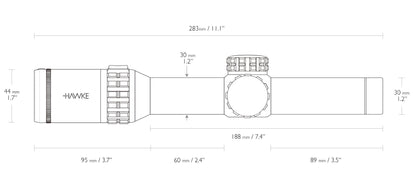 Hawke Frontier 30 1-6x24 Circle Dot: technische Zeichnung mit Abmessungen, Baulänge 283 mm