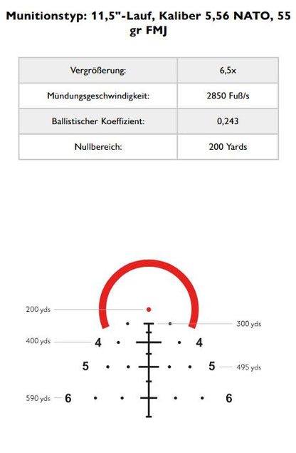 Hawke Vantage HD 30 1-8x24 Tactical BDC 5.56: Ballistiktabelle für 5,56 NATO mit 55 gr FMJ aus 11,5-Zoll-Lauf