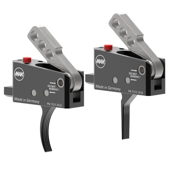 MAKtrigger FX Drop In Abzugssystem für AR15 und AR10 mit schwarzem Aluminiumgehäuse, skelettiertem Hammer und gebogenem Abzugszüngel.