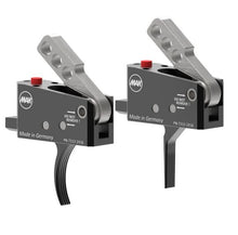 MAKtrigger FX Drop In Abzugssystem für AR15 und AR10 mit schwarzem Aluminiumgehäuse, skelettiertem Hammer und gebogenem Abzugszüngel.