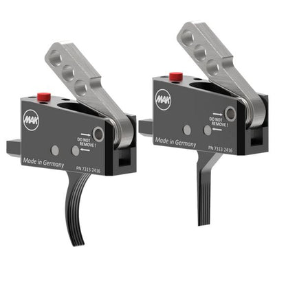 MAKtrigger FX Drop In Abzugssystem für AR15 und AR10 mit schwarzem Aluminiumgehäuse, skelettiertem Hammer und gebogenem Abzugszüngel.