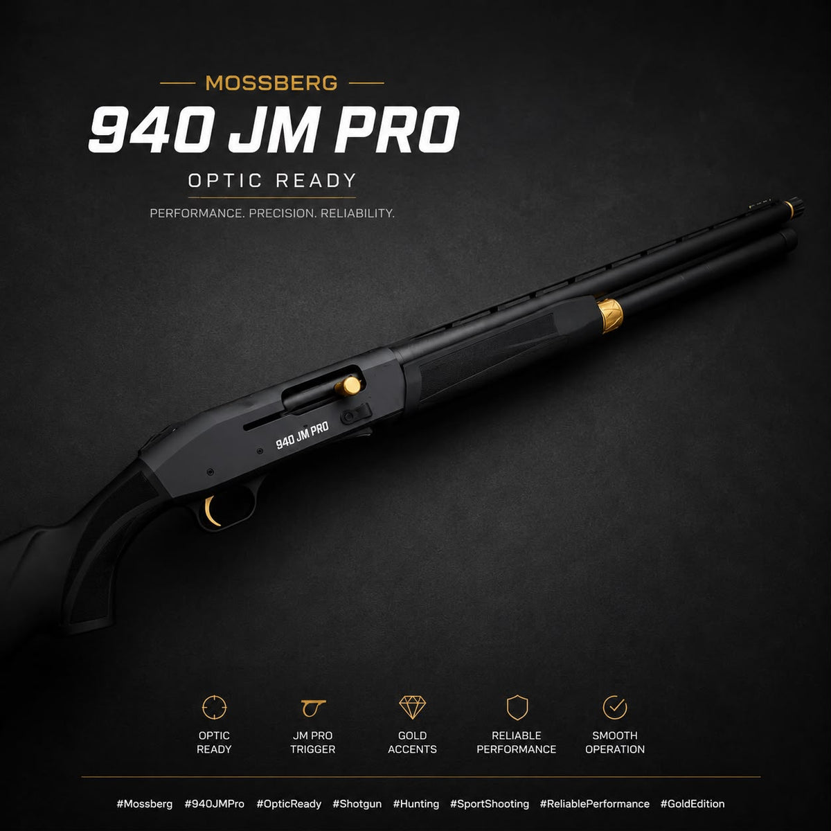 Mossberg 940 JM Pro Optic Ready, Herstellergrafik mit Produktmerkmalen im Hochformat