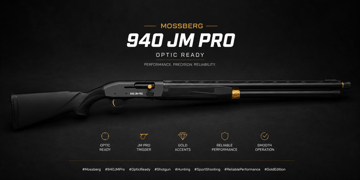 Mossberg 940 JM Pro Optic Ready, Herstellergrafik mit Produktmerkmalen im Querformat