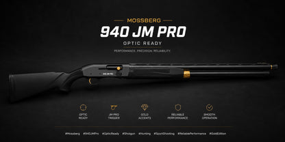 Mossberg 940 JM Pro Optic Ready, Herstellergrafik mit Produktmerkmalen im Querformat