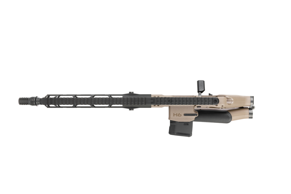 HERA H6K Repetiergewehr GEN2: Draufsicht mit seitlich angeklapptem Schaft, Sandfarben