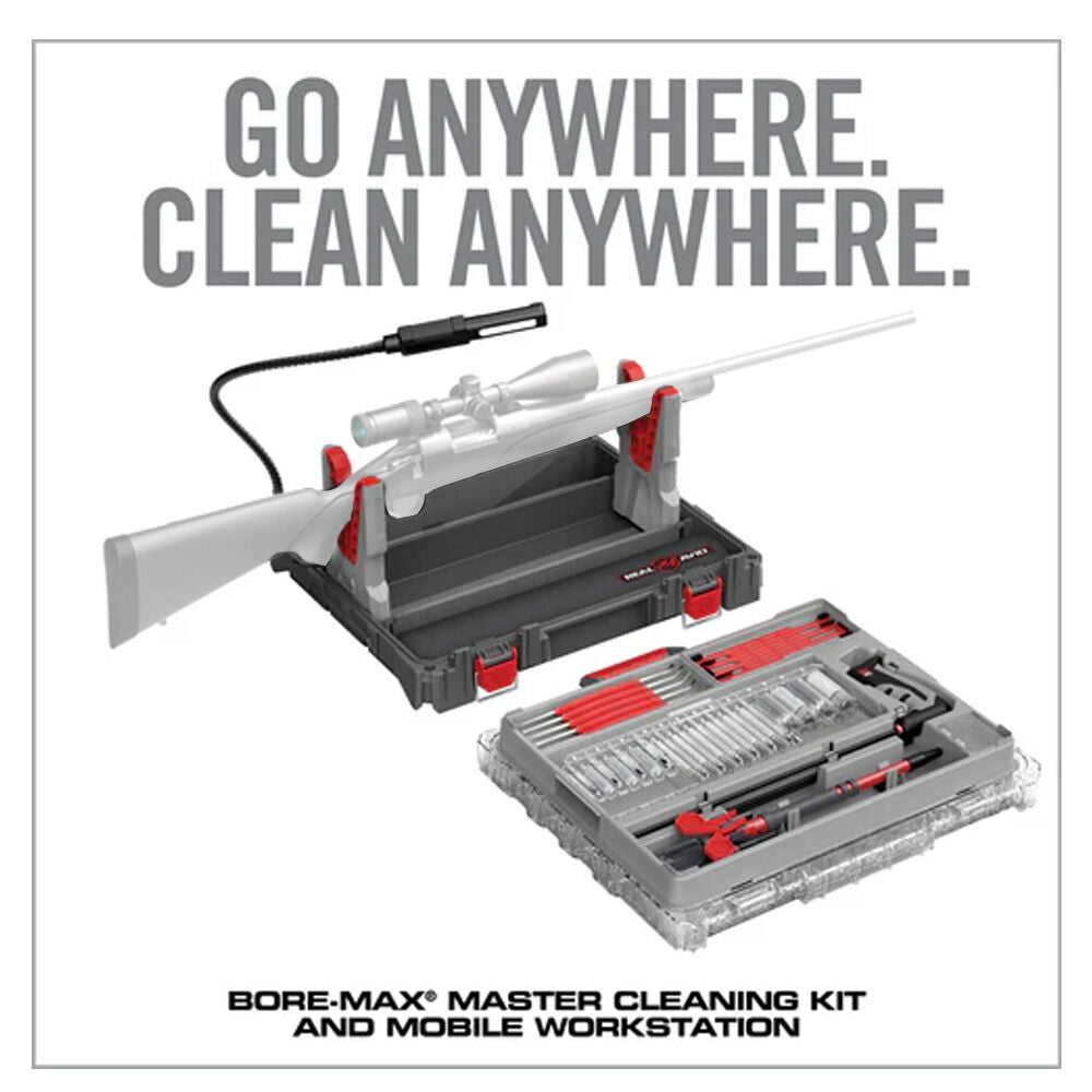 Real Avid Bore-Max Master Cleaning Kit: offener Koffer mit Werkzeugen, Bürsten und Smart Rod im Inneren