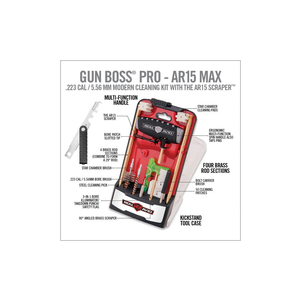 Real Avid Gun Boss Pro AR15 MAX Case geöffnet mit allen 18 Reinigungs-Komponenten in Snap-Fit-Halterungen
