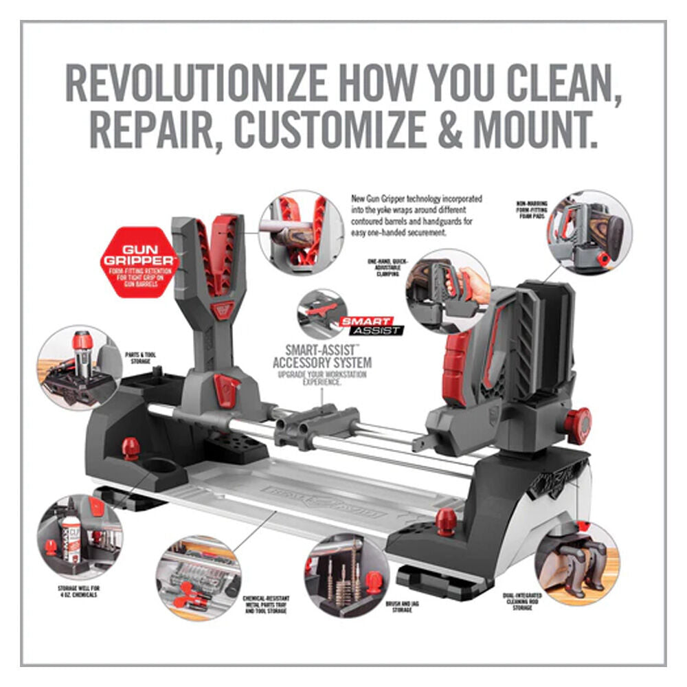Real Avid Master Gun Workstation: Langwaffe in Gun Gripper mit non-marring Foam Pads eingespannt