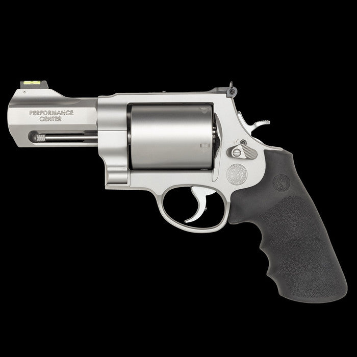 S&W Revolver 500 PC, 3 1/2 Zoll (Stainless matt), Ansicht von links mit Performance-Center-Schriftzug und Hi-Viz-Korn