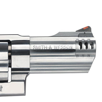 Smith & Wesson Revolver 500, 4" (Kompensator), Detailansicht des Laufs mit Kompensator und rotem Rampenkorn