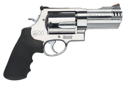 Smith & Wesson Revolver 500, 4" (Kompensator) in Edelstahl, rechte Seitenansicht mit schwarzen Synthetik-Griffschalen