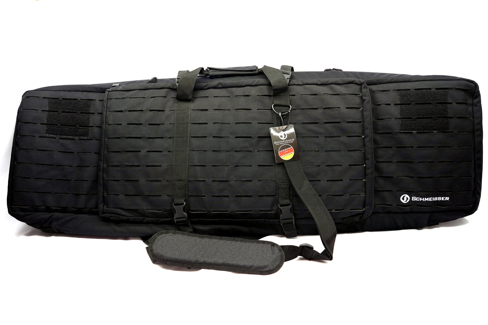 Schwarzes Schmeisser Futteral für Langwaffen mit Tragegurt und Außentasche