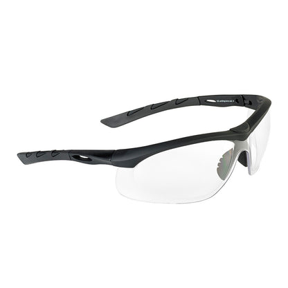 Swiss Eye Lancer mit klarer Scheibe und flachen schwarzen Bügeln in schräger Ansicht