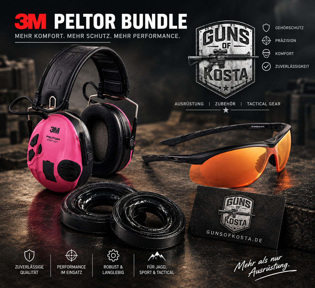 Sportschützen Anfänger Set: 3M Peltor SportTac in Pink mit HY80S-EU Gel-Dichtungsringen und Swiss Eye Lancer mit orangefarbener Scheibe