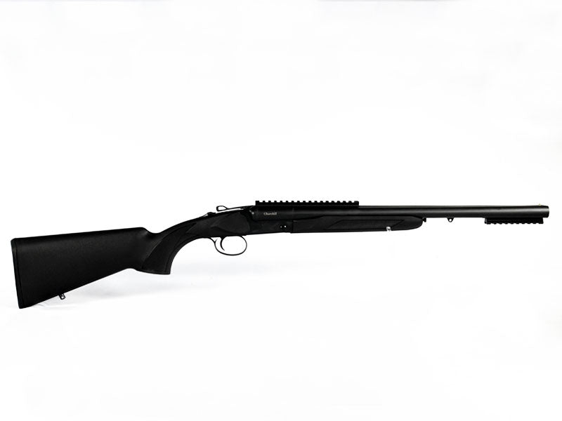 churchill 512 hd defense flinte kaliber 12 76 mit schwarzem kunststoffschaft und picatinny schiene in seitenansicht