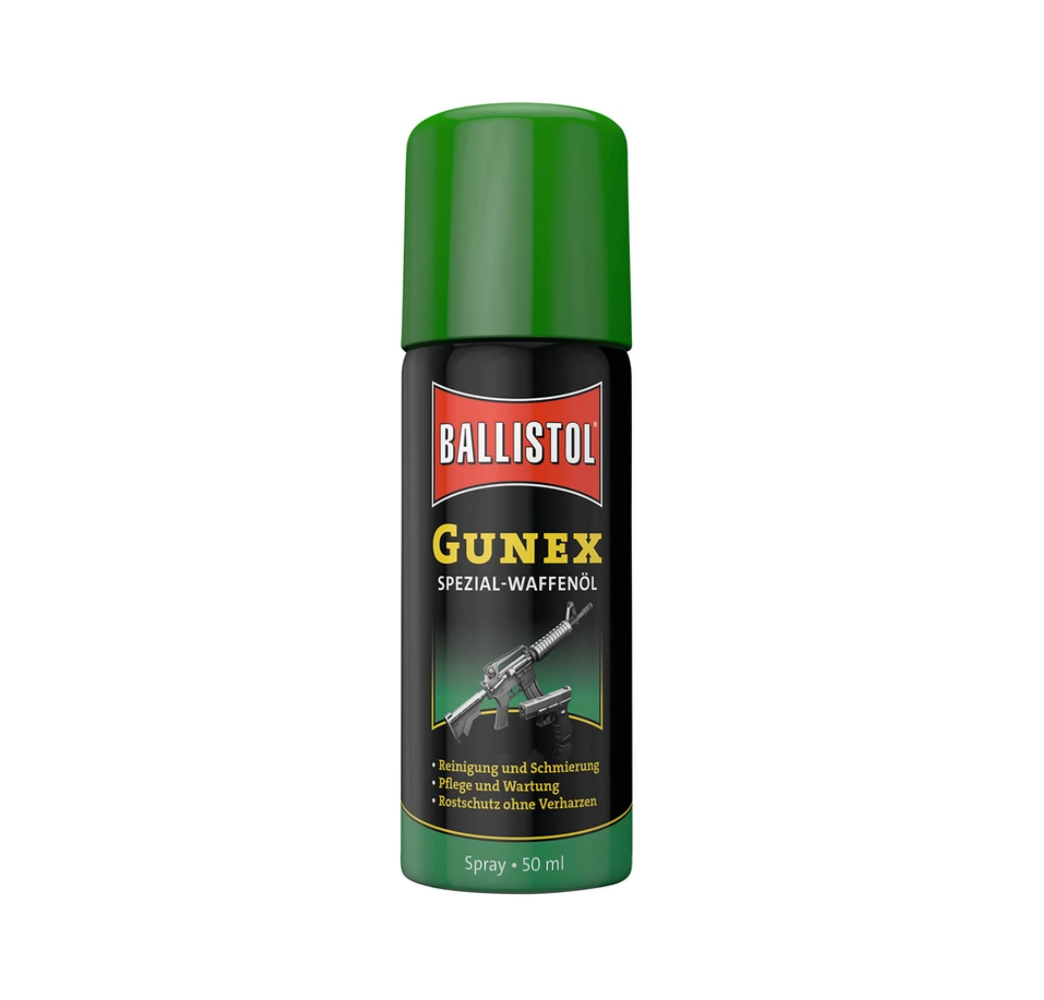 Ballistol Gunex Spezial-Waffenöl Spray 50 ml mit grünem Deckel und Waffenmotiv auf der Dose