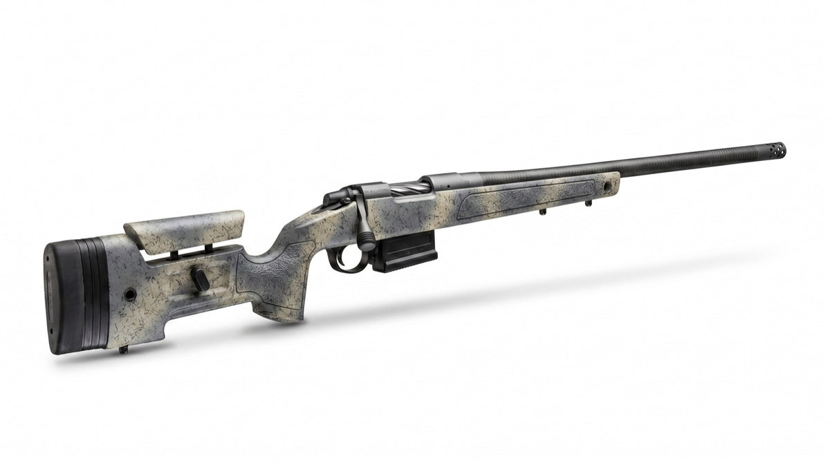 Bergara B14 Wilderness HMR Carbon Repetierbüchse, Dreiviertelansicht mit Carbonlauf und Wilderness-Schaft