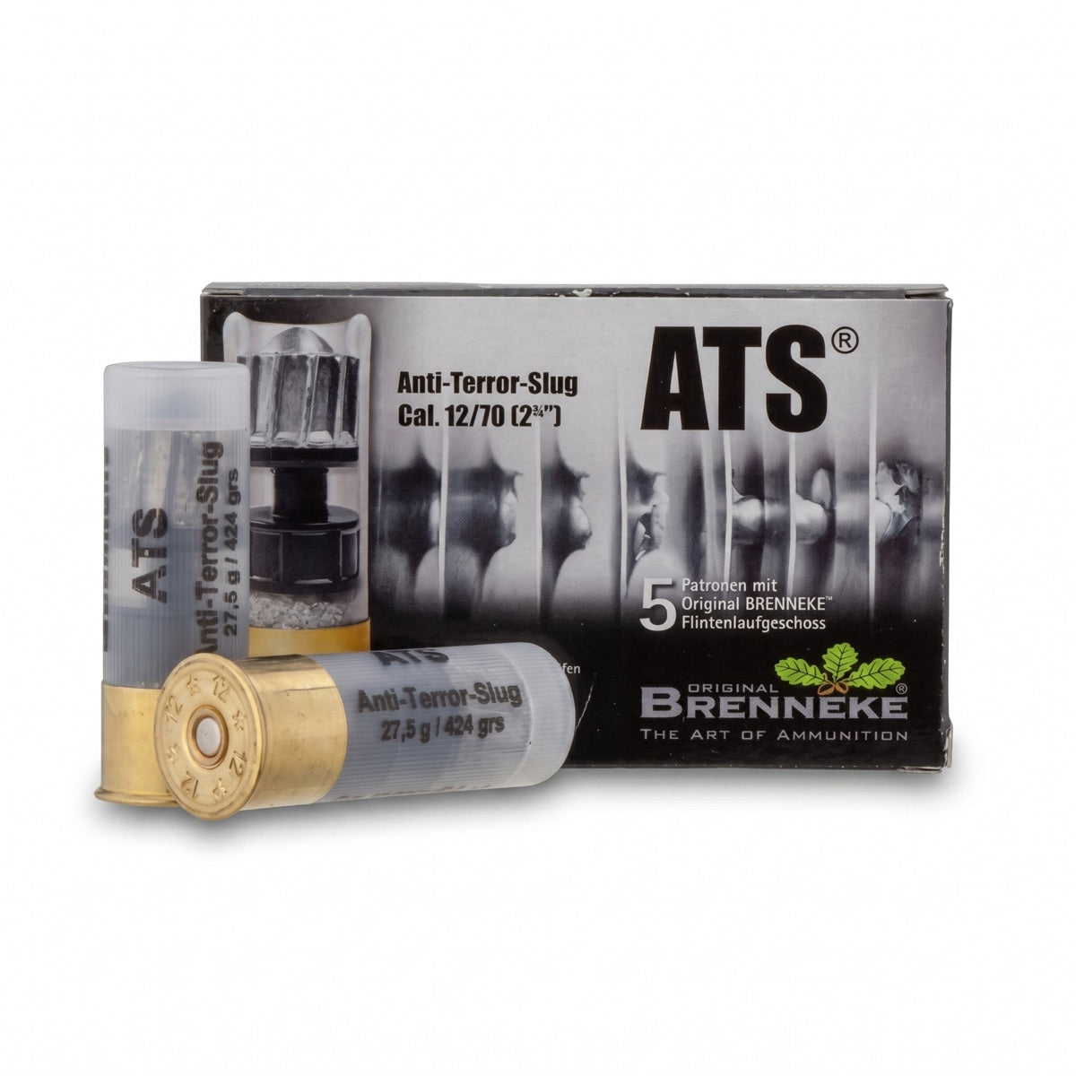 Brenneke 12/70 ATS Slug 27,5 g/424 grs, Munitionsschachtel mit zwei Patronen, seitliche Ansicht