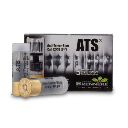 Brenneke 12/70 ATS Slug 27,5 g/424 grs, Munitionsschachtel mit zwei Patronen, seitliche Ansicht