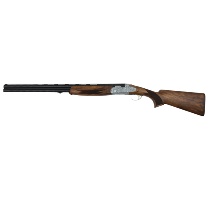 brenner bf20 deluxe bockdoppelflinte 12 76 mit gravierter stahlbasküle und walnussholzschaft seitliche ansicht

