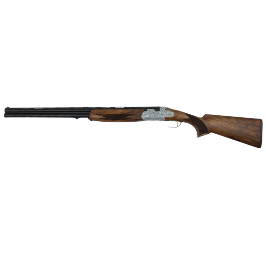 brenner bf20 deluxe bockdoppelflinte 12 76 mit gravierter stahlbasküle und walnussholzschaft seitliche ansicht
