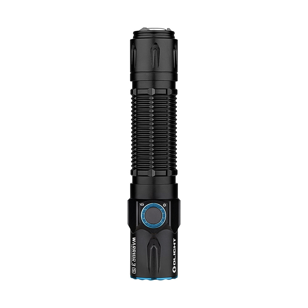 Olight Warrior 3S in Schwarz mit sichtbarem Seitenschalter und Anzeigen