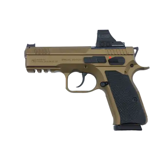 CZ Shadow 2 Compact OR Bronze Holosun Set Special Edition Sportpistole mit Holosun Rotpunktvisier, linke Seitenansicht vor weißem Hintergrund