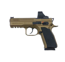 CZ Shadow 2 Compact OR Bronze Holosun Set Special Edition Sportpistole mit Holosun Rotpunktvisier, linke Seitenansicht vor weißem Hintergrund