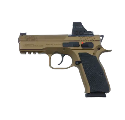 CZ Shadow 2 Compact OR Bronze Holosun Set Special Edition Sportpistole mit Holosun Rotpunktvisier, linke Seitenansicht vor weißem Hintergrund