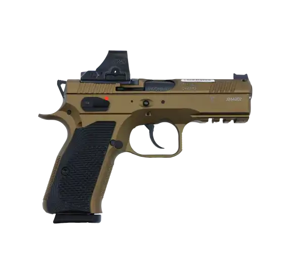 CZ Shadow 2 Compact OR Bronze Holosun Set Special Edition Sportpistole mit Holosun Rotpunktvisier, rechte Seitenansicht vor weißem Hintergrund