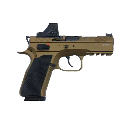 CZ Shadow 2 Compact OR Bronze Holosun Set Special Edition Sportpistole mit Holosun Rotpunktvisier, rechte Seitenansicht vor weißem Hintergrund