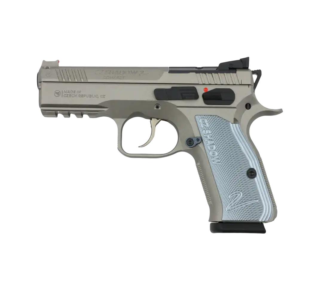 CZ Shadow 2 Compact OR Titan Silver Pistole in linker Seitenansicht mit hellblauen Griffschalen auf weißem Hintergrund
