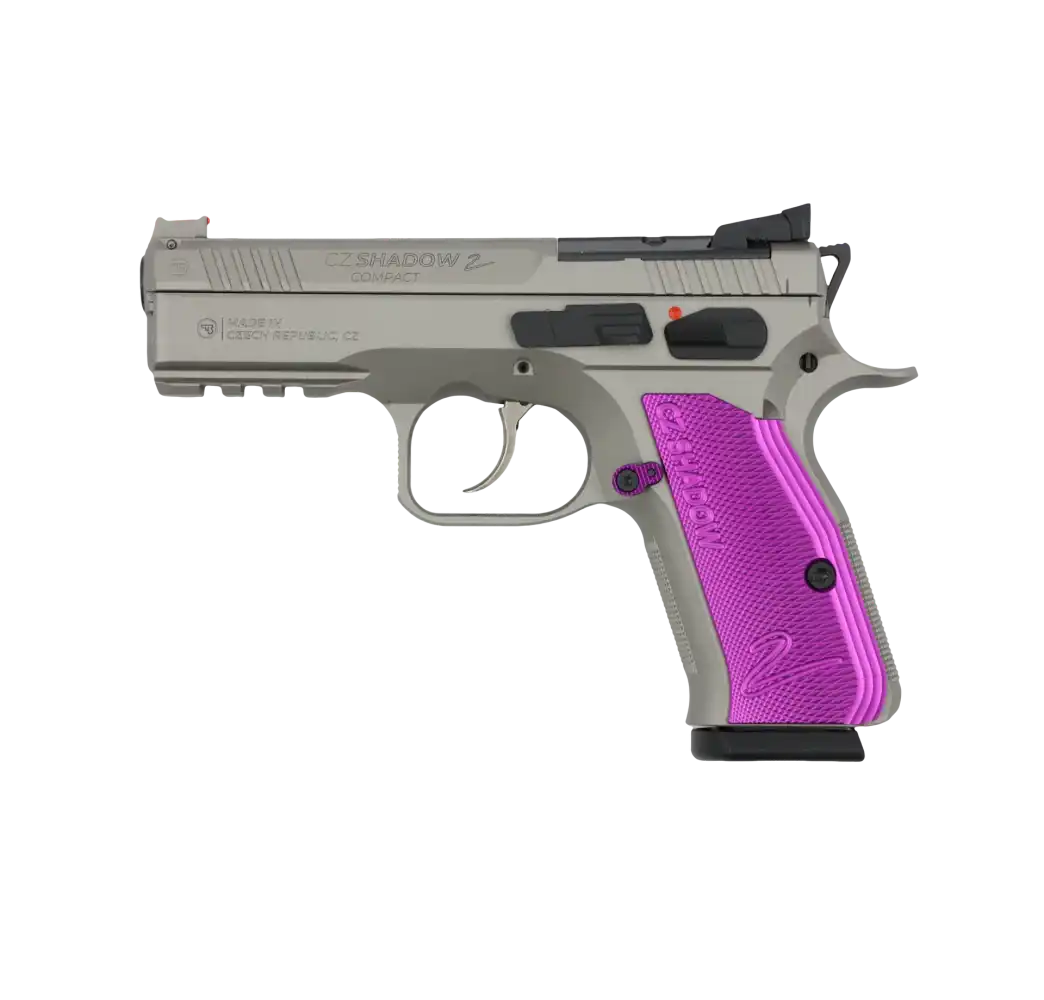 CZ Shadow II Compact OR Titan Violett 9mm Sportpistole mit titanfarbenem Rahmen und violetten Griffschalen, Seitenansicht vor weißem Hintergrund