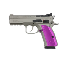 CZ Shadow II Compact OR Titan Violett 9mm Sportpistole mit titanfarbenem Rahmen und violetten Griffschalen, Seitenansicht vor weißem Hintergrund