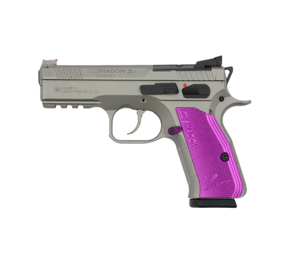 CZ Shadow II Compact OR Titan Violett 9mm Sportpistole mit titanfarbenem Rahmen und violetten Griffschalen, Seitenansicht vor weißem Hintergrund
