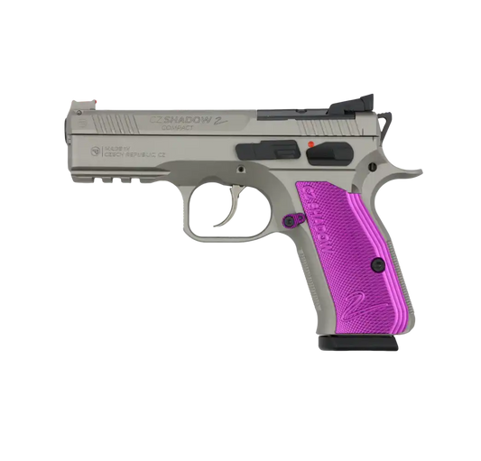 CZ Shadow II Compact OR Titan Violett 9mm Sportpistole mit titanfarbenem Rahmen und violetten Griffschalen, Seitenansicht vor weißem Hintergrund