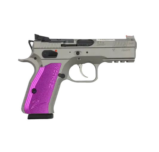 CZ Shadow II Compact OR Titan Violett 9mm Sportpistole mit titanfarbenem Rahmen und violetten Griffschalen, Seitenansicht von rechts vor weißem Hintergrund