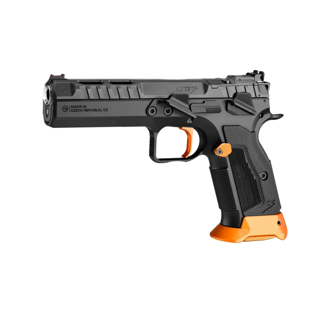 CZ TS 3 Orange 9mm IPSC-Sportpistole, linke Seitenansicht mit orange eloxierten Akzenten vor weißem Hintergrund