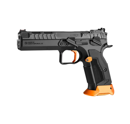CZ TS 3 Orange 9mm IPSC-Sportpistole, linke Seitenansicht mit orange eloxierten Akzenten vor weißem Hintergrund
