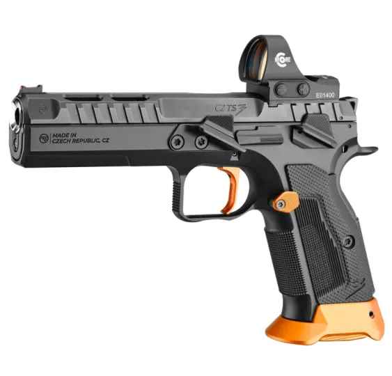 CZ TS 3 Orange 9mm IPSC-Sportpistole mit montiertem Red-Dot-Visier, linke Seitenansicht vor weißem Hintergrund
