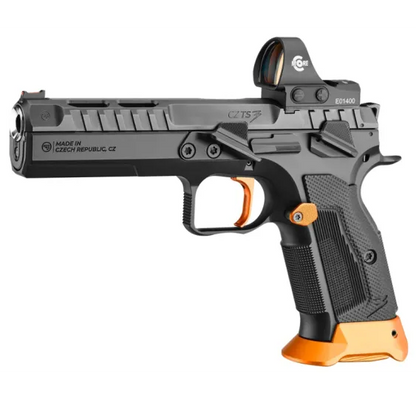 CZ TS 3 Orange 9mm IPSC-Sportpistole mit montiertem Red-Dot-Visier, linke Seitenansicht vor weißem Hintergrund