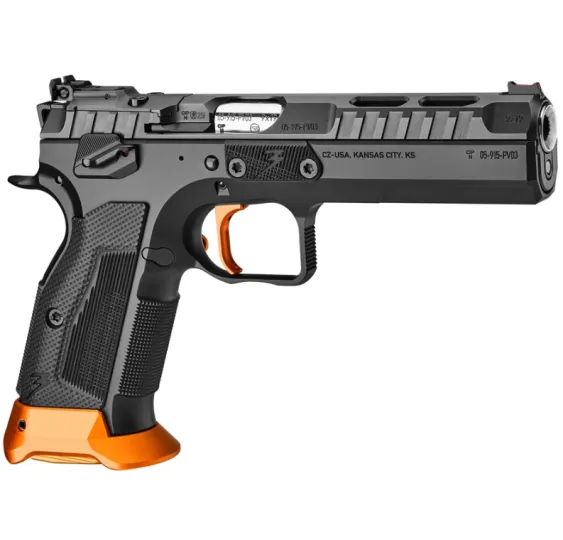 CZ TS 3 Orange 9mm IPSC-Sportpistole, rechte Seitenansicht mit Stahlrahmen vor weißem Hintergrund