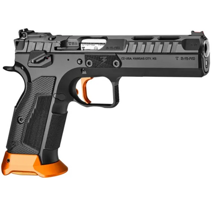 CZ TS 3 Orange 9mm IPSC-Sportpistole, rechte Seitenansicht mit Stahlrahmen vor weißem Hintergrund