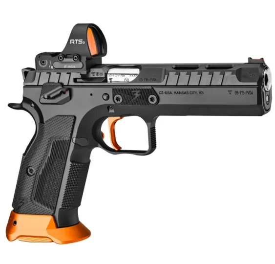 CZ TS 3 Orange 9mm IPSC-Sportpistole mit montiertem Red-Dot-Visier, rechte Seitenansicht vor weißem Hintergrund