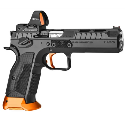 CZ TS 3 Orange 9mm IPSC-Sportpistole mit montiertem Red-Dot-Visier, rechte Seitenansicht vor weißem Hintergrund